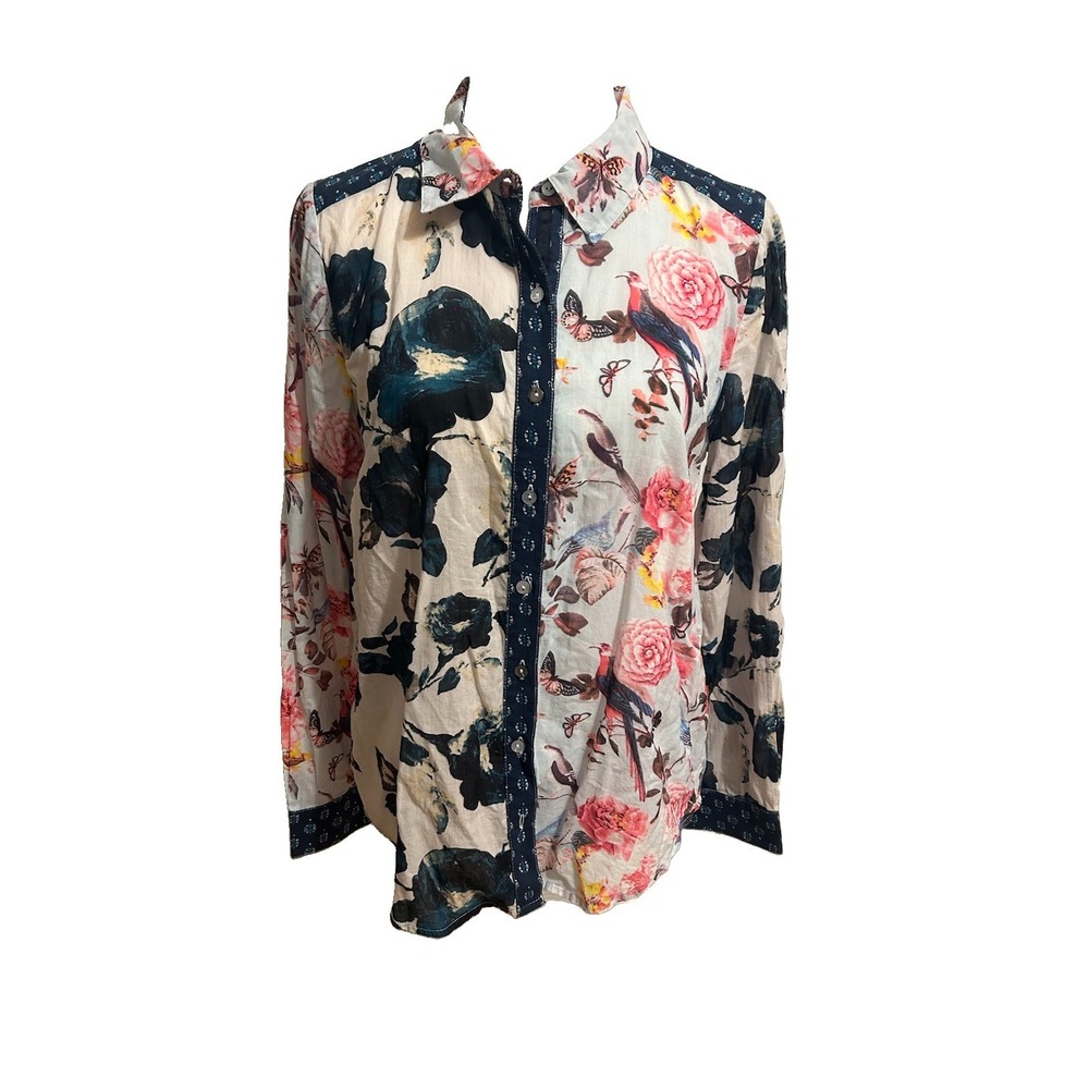 Sundance Mixed Floral Bird Whimsy Mixed Media Button Down Shirt Small Cotton